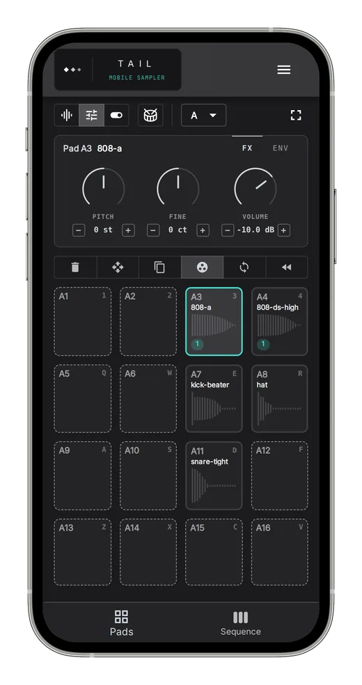 TAIL's FX panel: pitch, fine tune and volume knobs for the selected pad