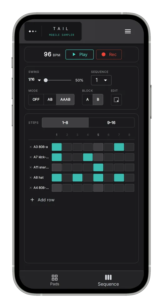 TAIL's step sequencer with a five-track pattern at 96 BPM